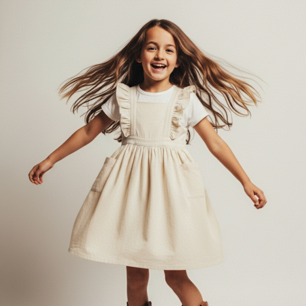 Cream Ruffled Pinafore Dress with Pockets