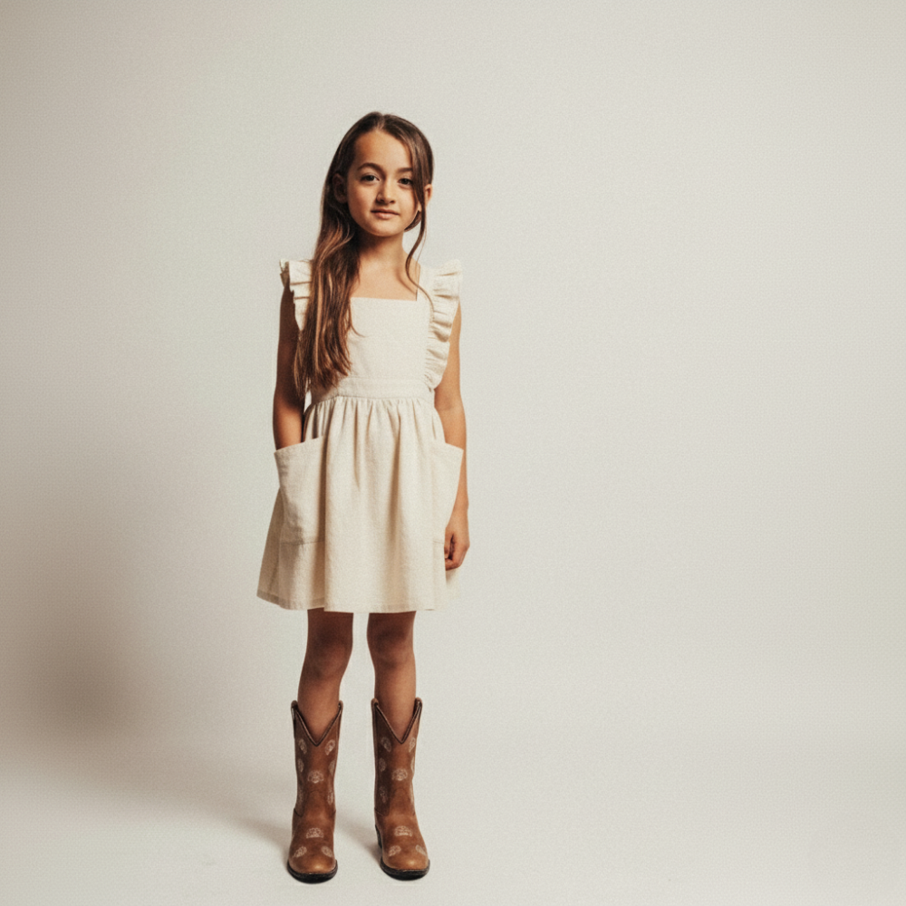 Cream Ruffled Pinafore Dress with Pockets