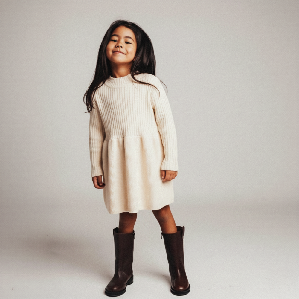 Cream Ribbed Sweater Dress