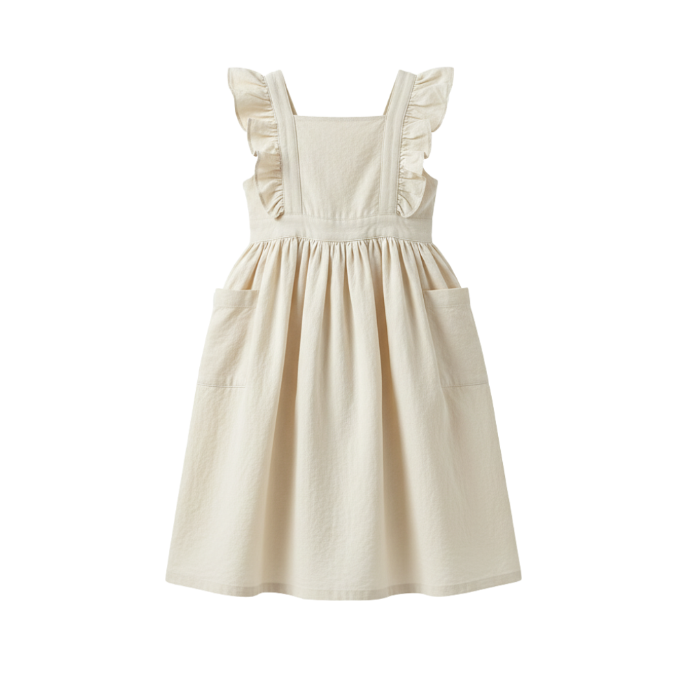 Cream Ruffled Pinafore Dress with Pockets