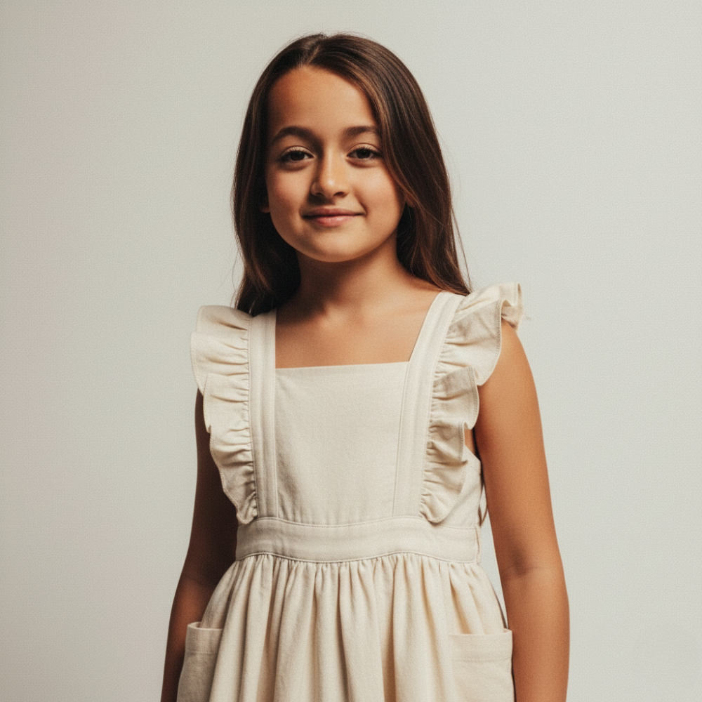 Cream Ruffled Pinafore Dress with Pockets