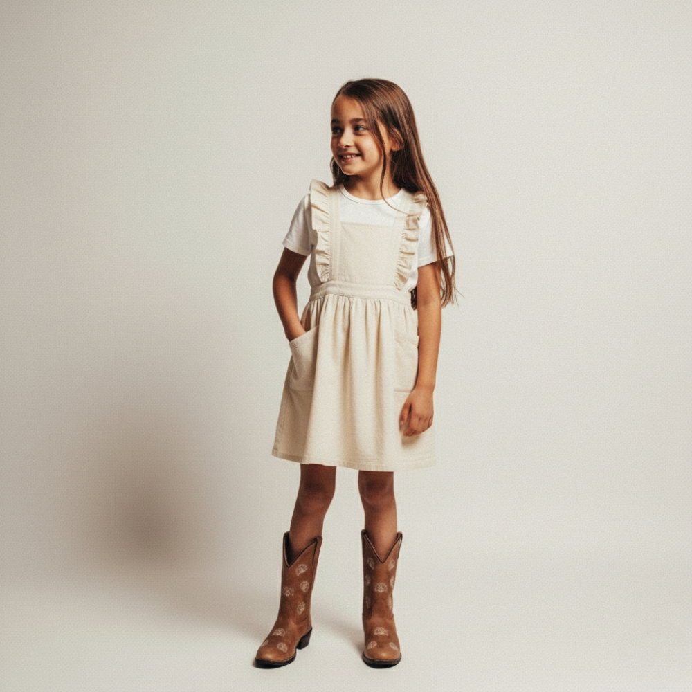 Cream Ruffled Pinafore Dress with Pockets