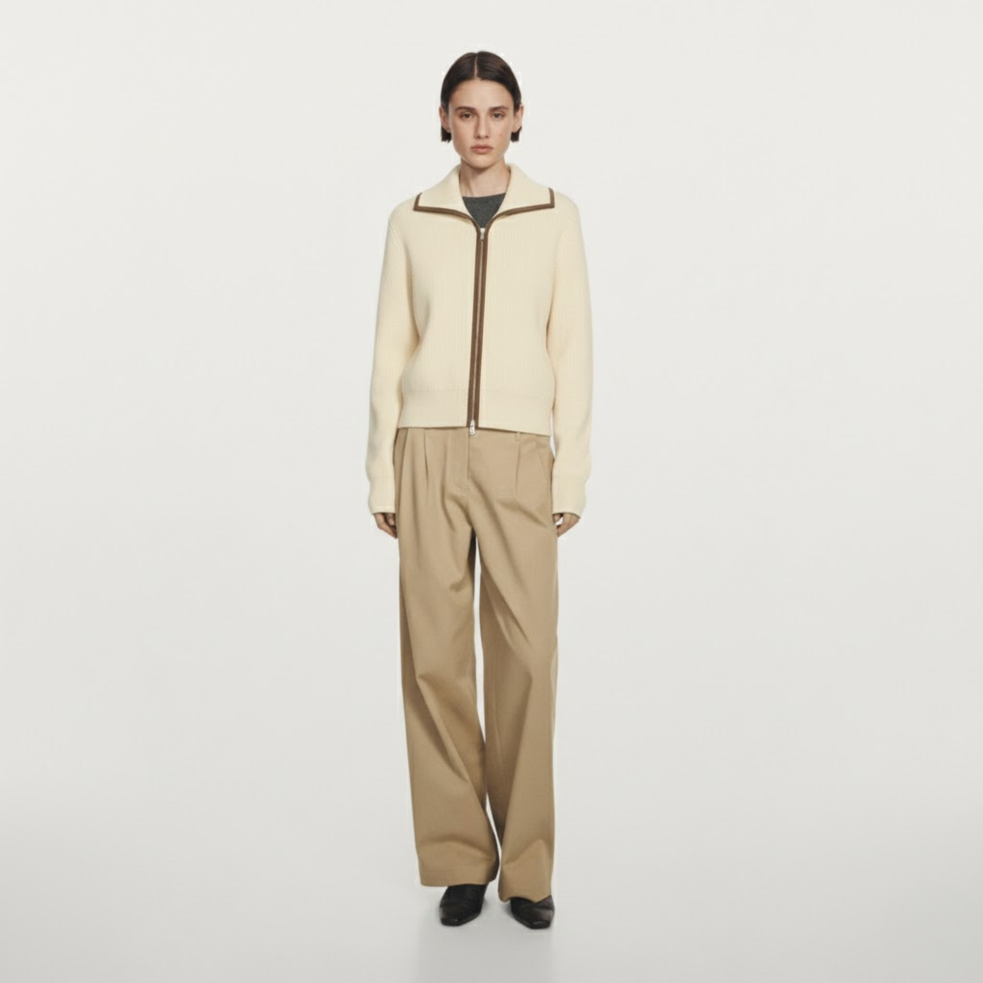 Cream Zip Collar Knit Cardigan