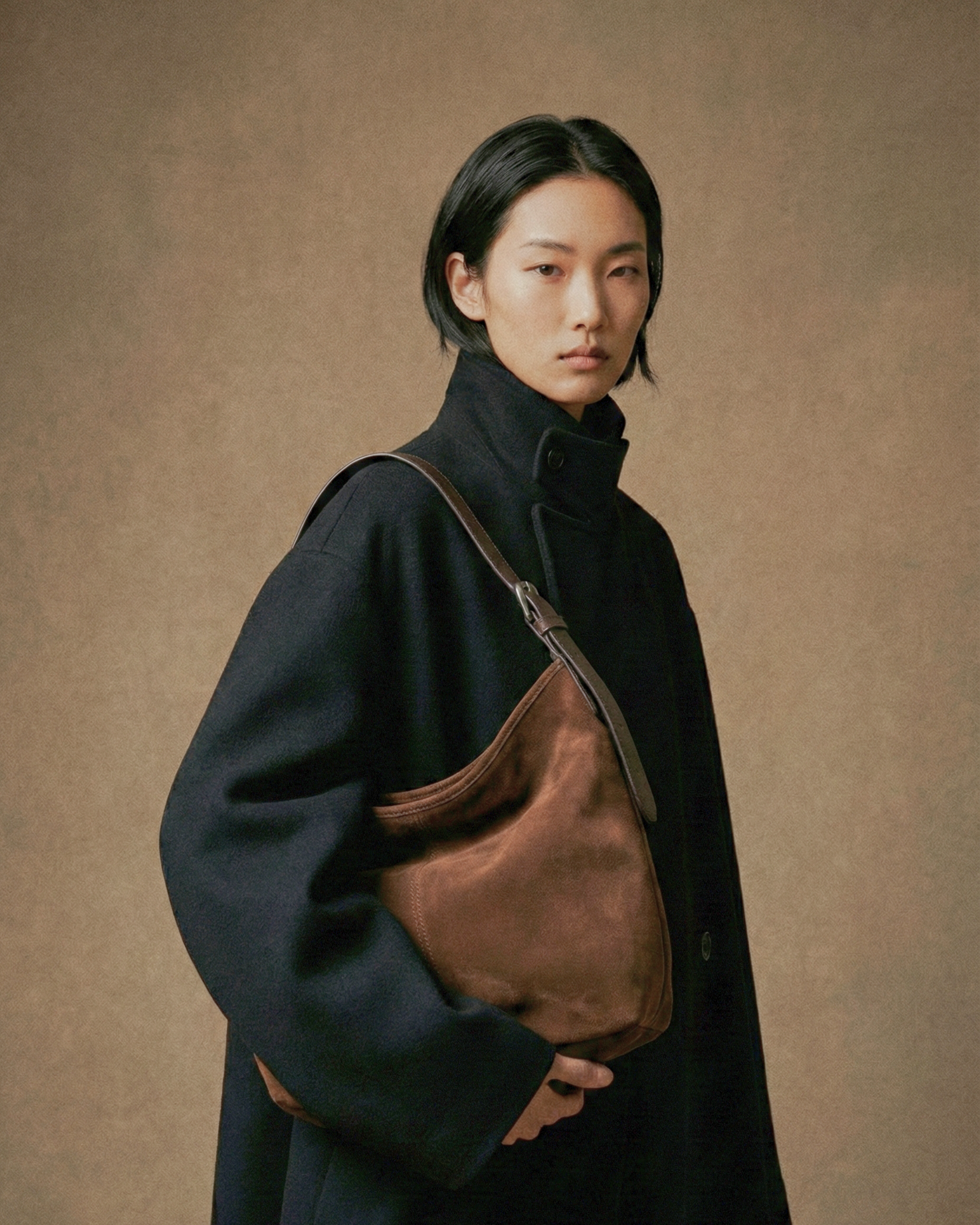 Model wearing a dark coat with the Sienna Slouch Hobo against a beige background